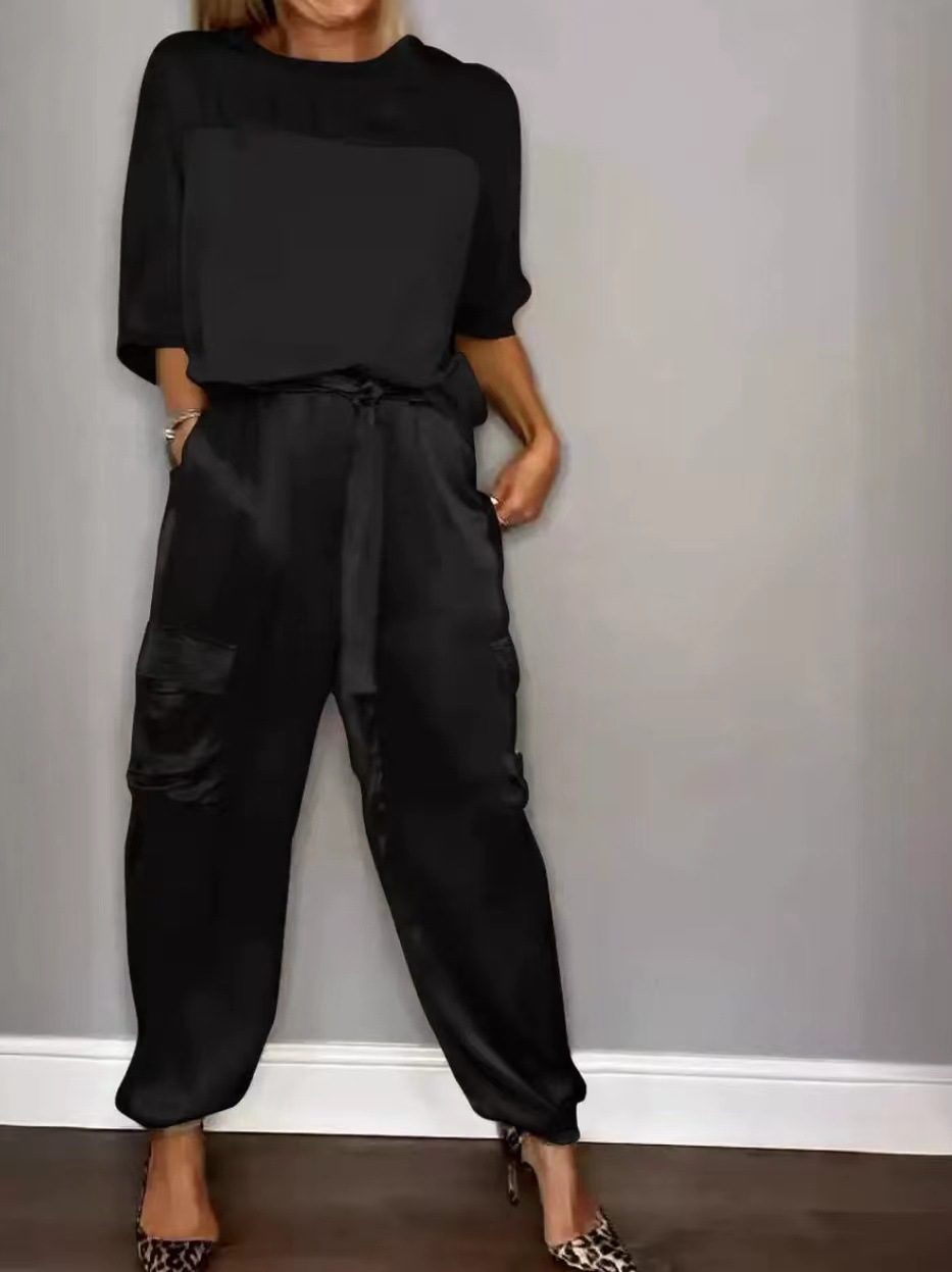 Conjunto de prenda superior de media manga de satén liso para mujer, nueva moda transfronteriza europea y americana, conjunto informal de dos piezas, 2024