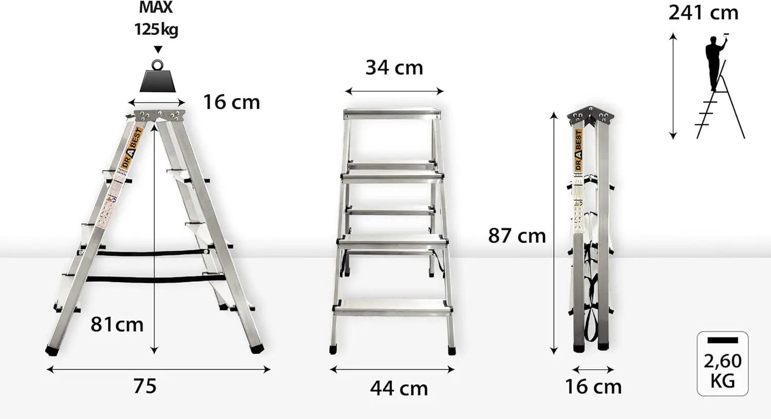 Drabest Escalera Doméstica de Aluminio de Doble Cara de 4 Peldaños Capacidad 125kg - Escalera de Tijera con Plataforma de Trabajo - Escaleras de Tijera de 4 Peldaños - 44x86,5x16cm