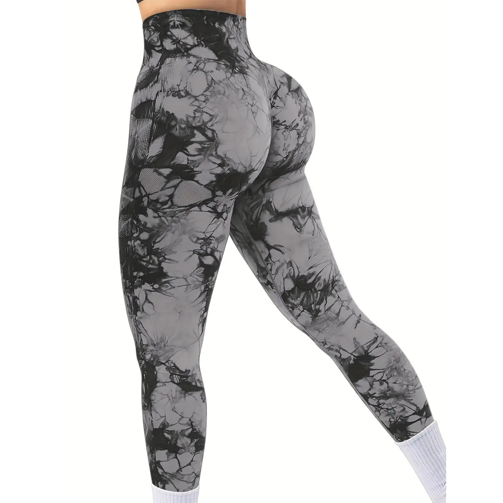 Pantalones de yoga de fitness elásticos con cintura alta y trasero de melocotón sin costuras Tie-Dye para mujer