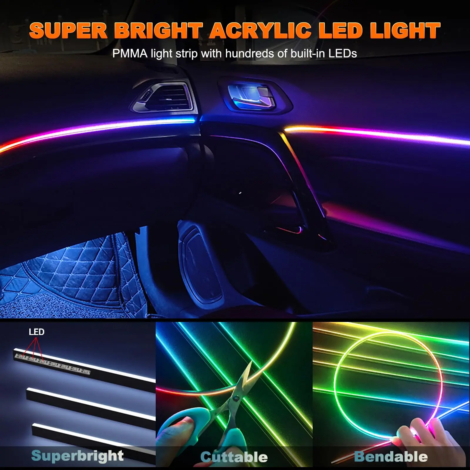 Éclairage ambiant de voiture au néon dynamique 2 en 1, bande lumineuse intérieure à LED en acrylique Dreamcolor, lampe décorative RVB pour les placements, modèle 3, Y, S, X