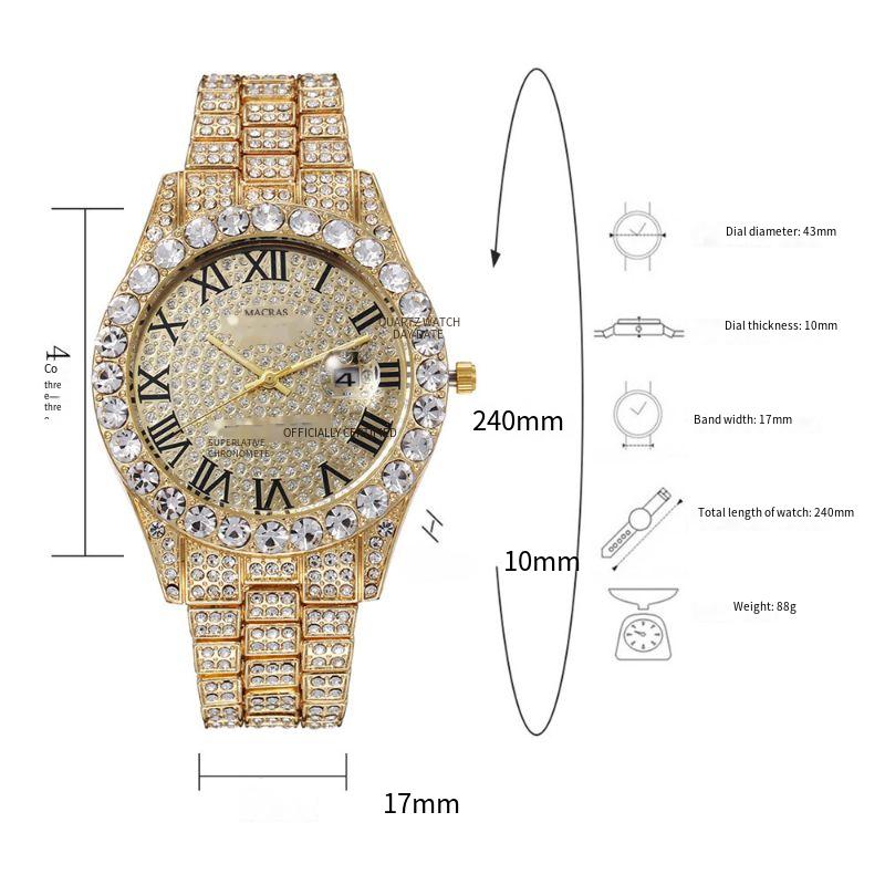 ESKEEM Custom Bling Fully Iced out Men's Quartz Watche with Red Green Blue Dial Roman Numeral Diamond Wrist Watches 