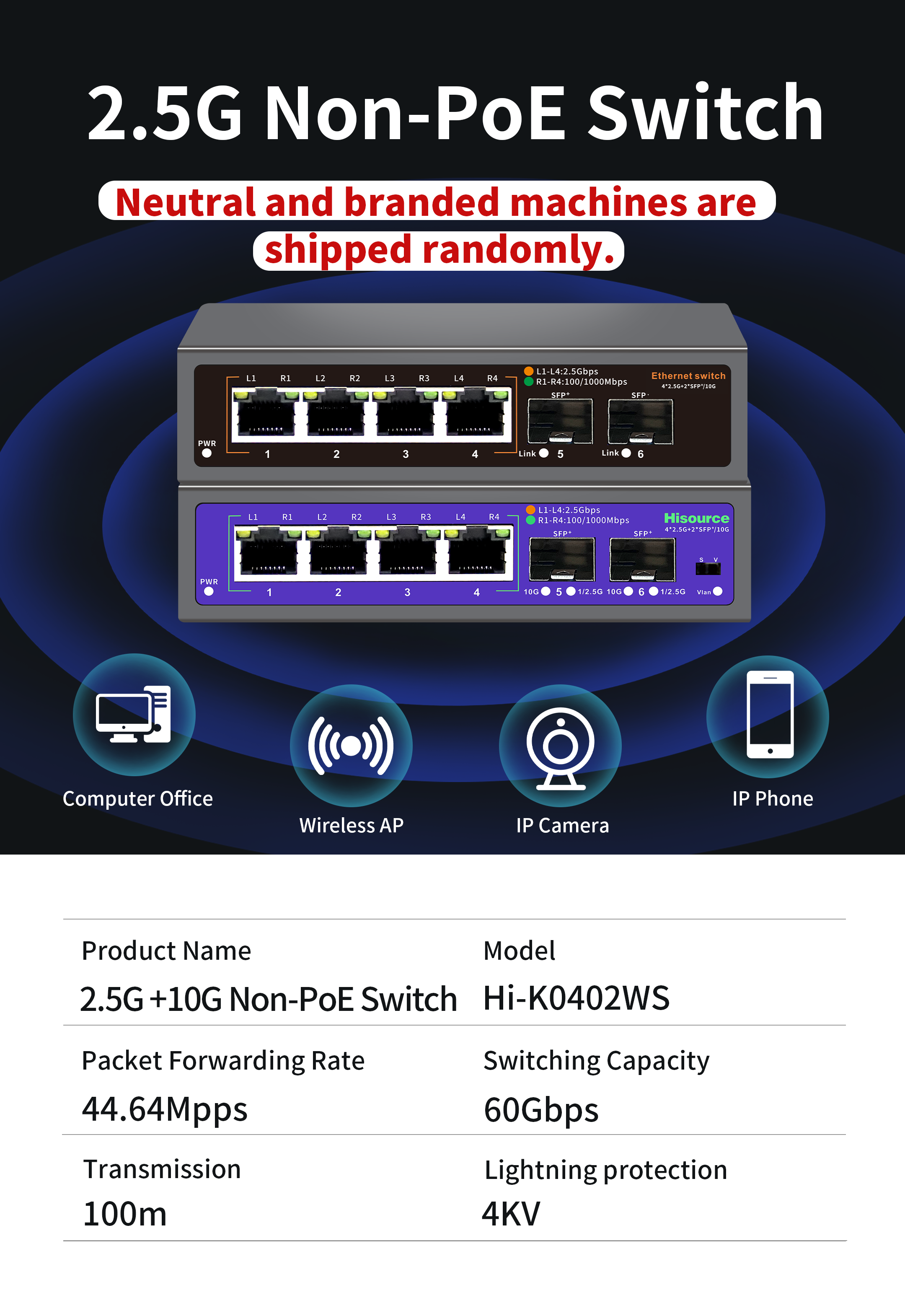 Hisource 4 Conmutador Ethernet de 8 puertos 2,5G Ninguno Conmutador de red POE con puerto SFP de 1*10G para cámara IP/seguridad CCTV