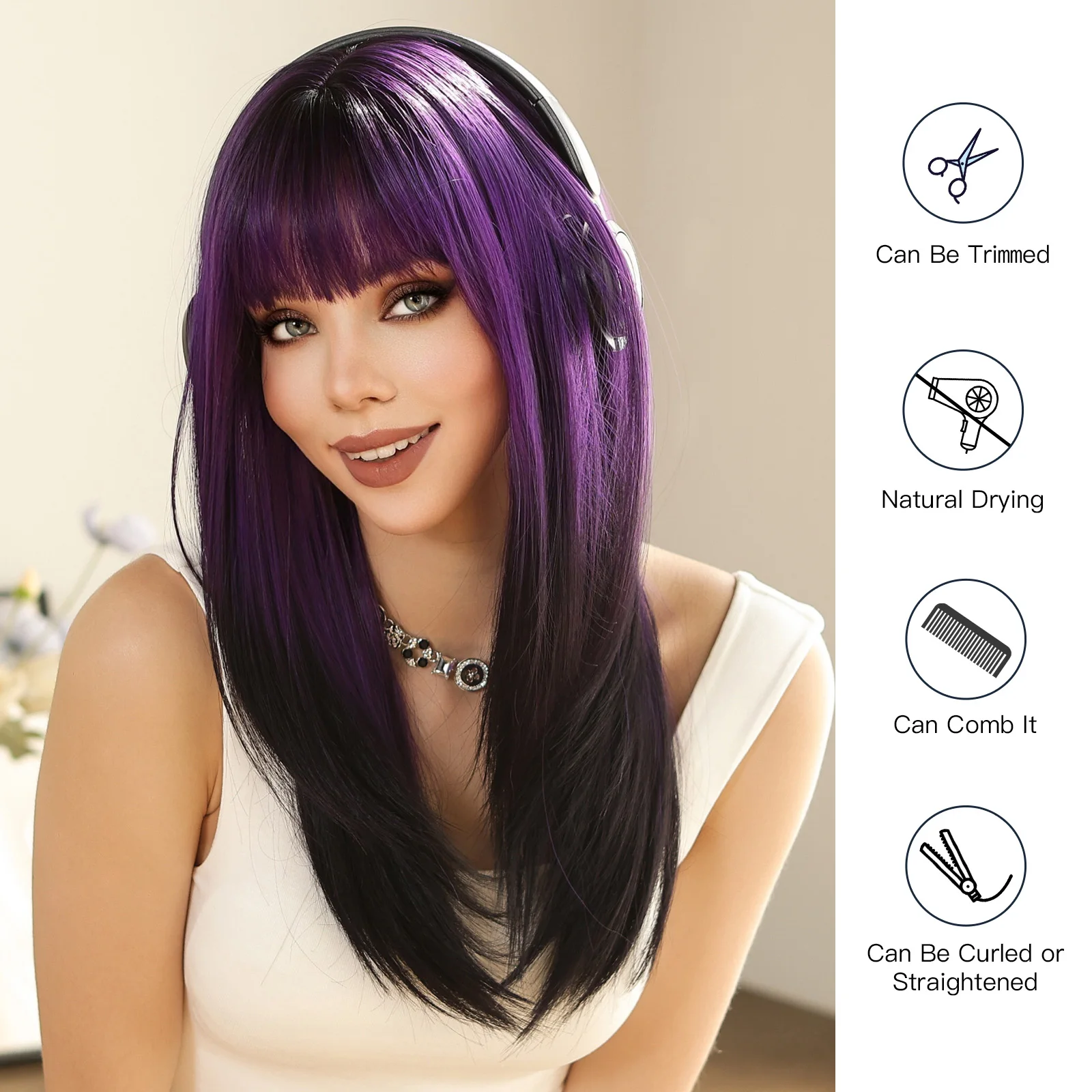Perucas sintéticas em camadas retas roxo preto ombre peruca com franja comprimento médio colorido peruca cosplay para mulher peruca resistente ao calor