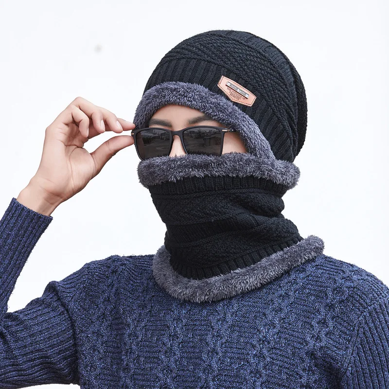 Cappello lavorato a maglia ispessito invernale da uomo, collo caldo in velluto, cappello integrato, cappello di lana ispessito, donne antivento e resistenti al freddo