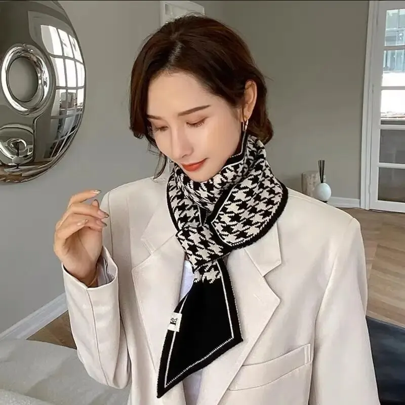 Lenço instantâneo de malha dupla moda xadrez cachecol feminino outono inverno grosso quente ao ar livre pescoço cachecol 110*11cm