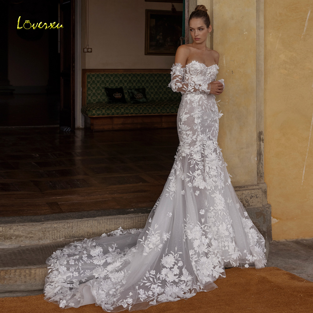 Loverxu Meerjungfrau Sexy Brautkleider Liebsten Langarm Vestido De Novia Perlen Applikationen 3D Blumen Nach Maß Brautkleid