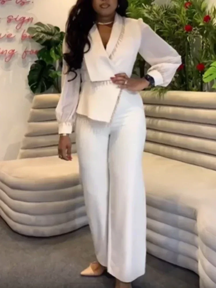 AOMEI Elegantผู้หญิงโปโลแขนฟองหลวมกางเกงขากว้าง 2024 ฤดูใบไม้ร่วง/ฤดูหนาวใหม่OLสํานักงานผู้หญิงParty Jumpsuit