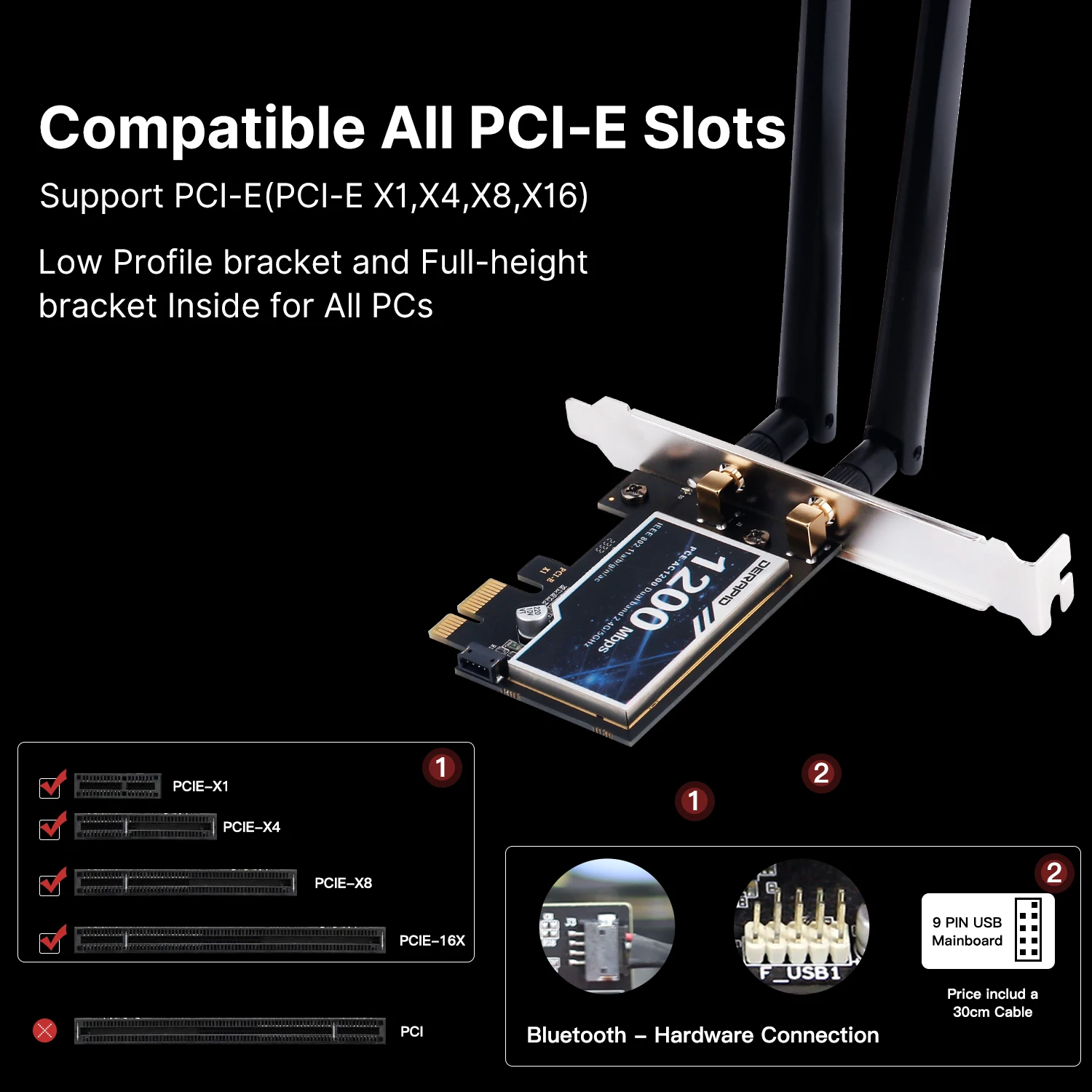 Беспроводной адаптер WiFi 5 AC1200 PCI-E Сетевой адаптер BT 4,0 двухдиапазонный 2,4G/5 ГГц 802.11AC Настольный ноутбук ПК для Windows 7/8/10/11
