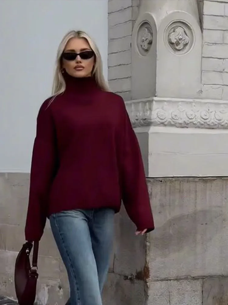 RetroสีทึบคอWarm Lady Pullover Elegantแขนยาวสบายๆ 2024 ใหม่ผู้หญิงฤดูใบไม้ร่วงเสื้อกันหนาว