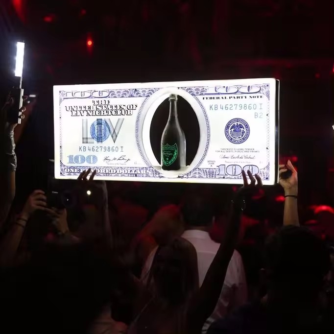 Custom Logo Rechargeable LED Lighted US dollar Bottle Presenter Black Card Glorifier VIP Sign for Wedding Birthday Party Light