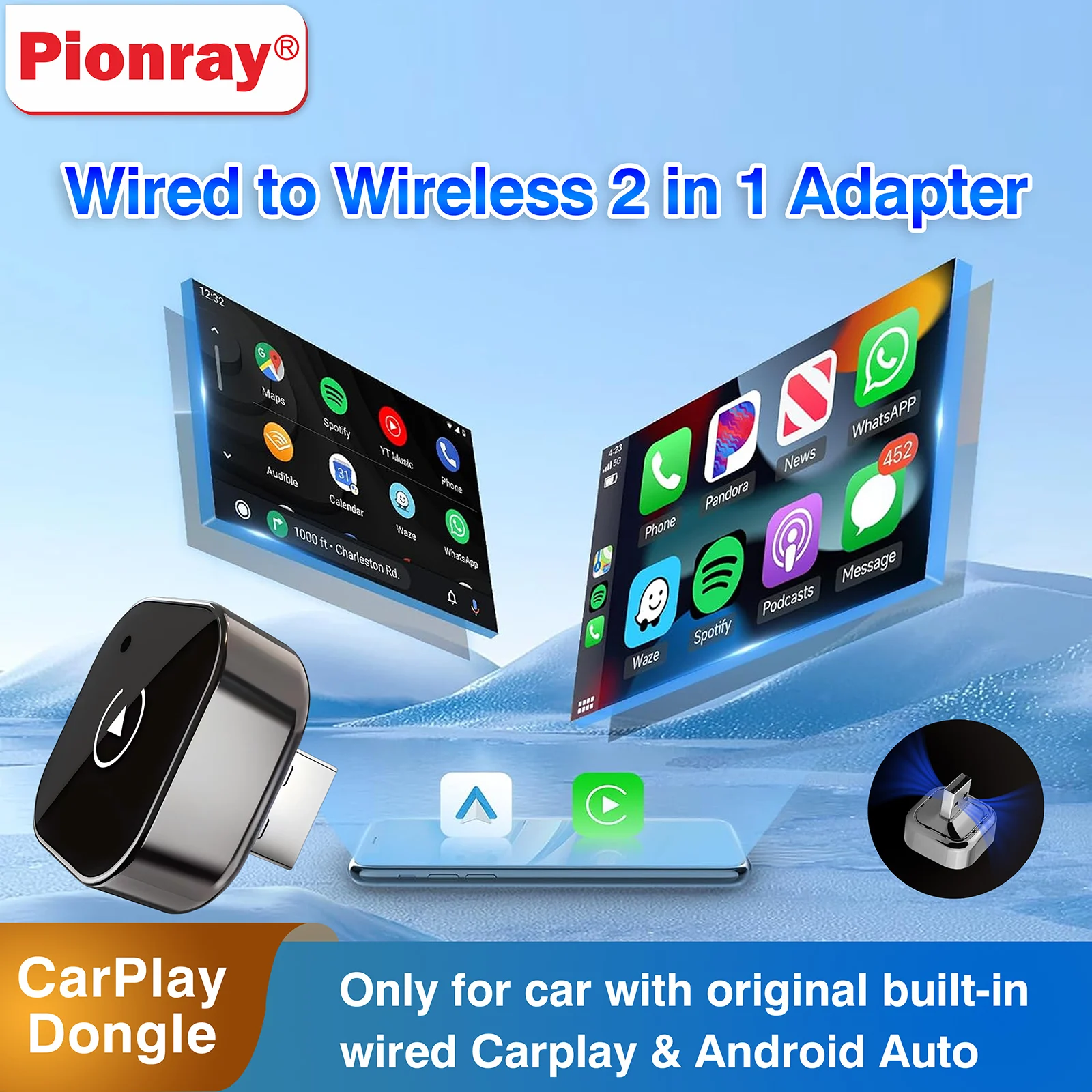 Draadloze CarPlay-adapter voor iPhone - Mini Plug & Play Auto Connect, 5GHz WiFi lage latentie, iOS 10+ compatibel met bekabelde CarPlay
