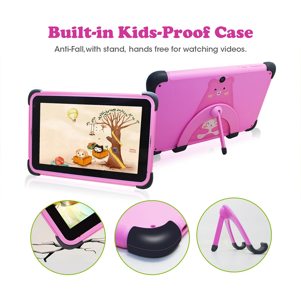 ELIKEIT-子供用タブレット,Android 13,1024*600 hd,クアッドコア,デュアルWi-Fi,2GB,32GB,ホルダー付き,7インチ