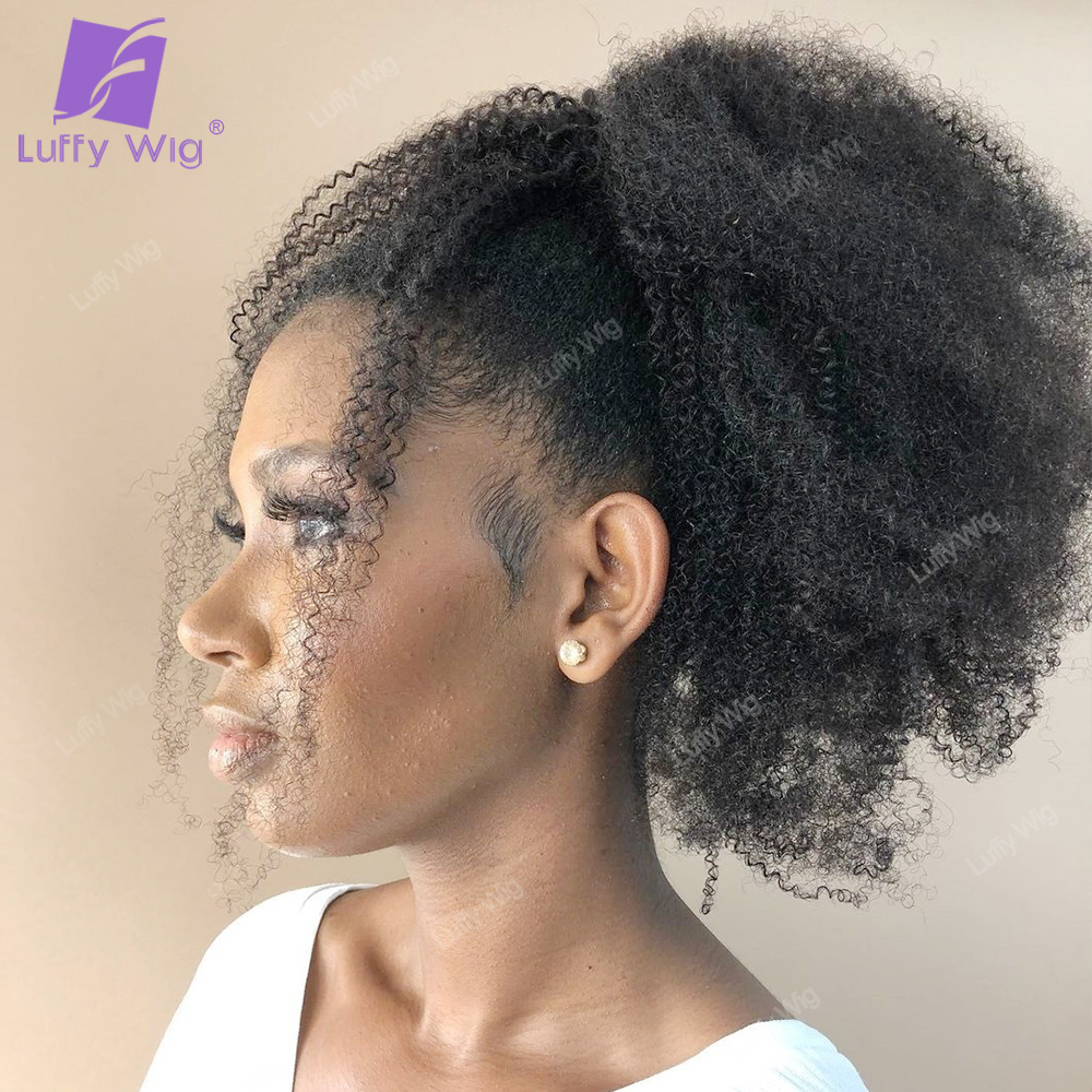 Extensiones de cabello humano con cola de caballo, cabello Remy mongol, Afro, rizado, envoltura alrededor de poni para mujeres negras, Luffy