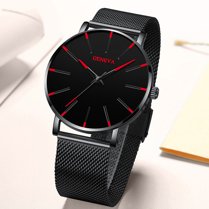 Relojes negros de negocios a la moda para hombre, reloj de pulsera de cuarzo con correa de malla ultrafina de acero inoxidable de lujo para hombre, reloj clásico informal para hombre
