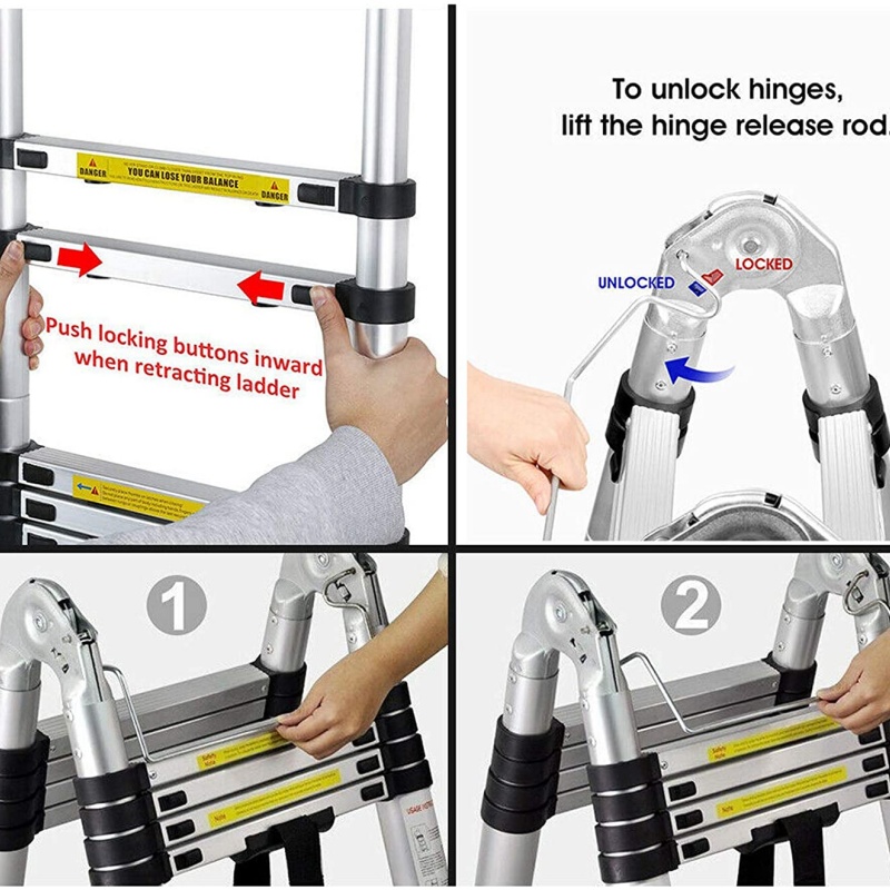 Escalera Extensible Acero Inoxidable 3.8m/5m, Carga 150kg, Antideslizante Estable con Estabilizadores para Ático, Hogar, Uso Comercial - Garantía