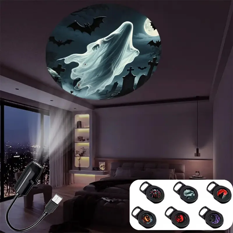 Crânio lâmpada de projeção comutável padrão design led night light portátil alimentado por usb para sala parede teto decoração presente do dia das bruxas
