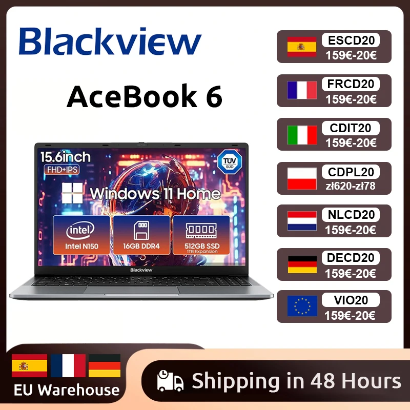 Laptop Blackview AceBook 6 15,6'' Ekran FHD+ IPS Intel Twin Lake N150 CPU 16GB DDR4 512GB SSD 36Wh Bateria Windows 11 Notebook