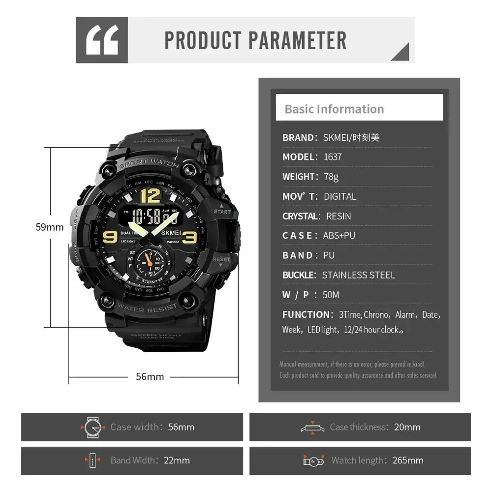 SKMEI 1637 Dual Movement 3-tijd sporthorloge Heren waterdichte elektronische horloges montre homme schokbestendig digitaal herenhorloge