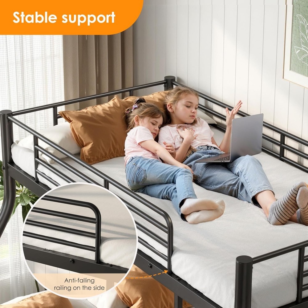Metal Bunk Bed, Twin Over Full Size Bed Frame with Safety Ladder & Guardrail, Heavy Duty Bunkbeds for Adults Teens, Space-Saving