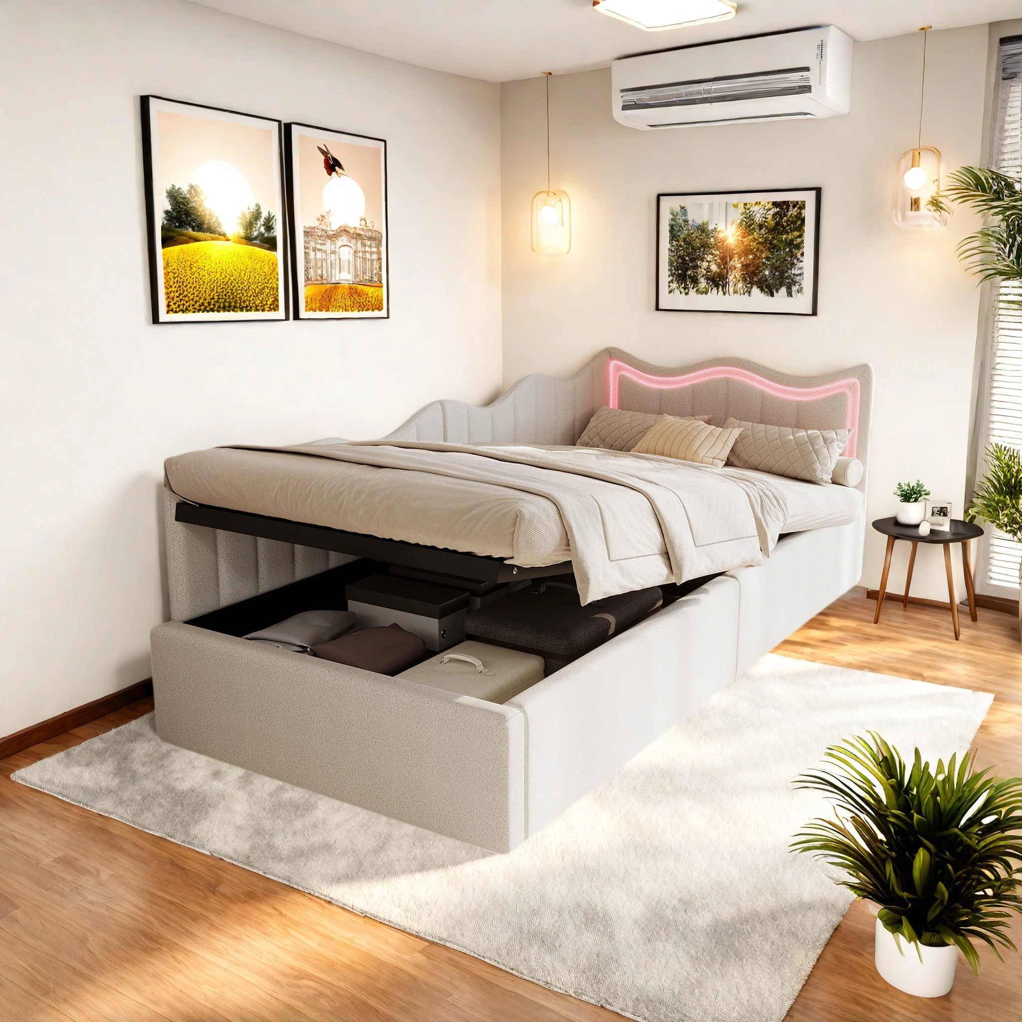 Comanlai Sofa z funkcją spania 90x200cm i łóżko dziecięce z oświetleniem LED, hydrauliczna rama łóżka z pojemnikiem, tkanina welurowa, kolor złamany biały