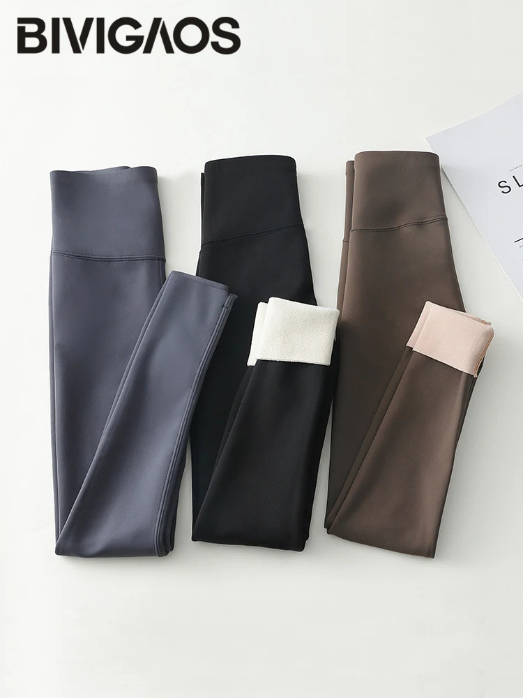 BIVIGAOS Thịt Cừu Nhung Ấm Cá Mập Quần Nữ Thu Đông Cao Cấp Mỏng Quần Legging Nữ Nỉ Liền Mạch Sharkskin Quần Legging