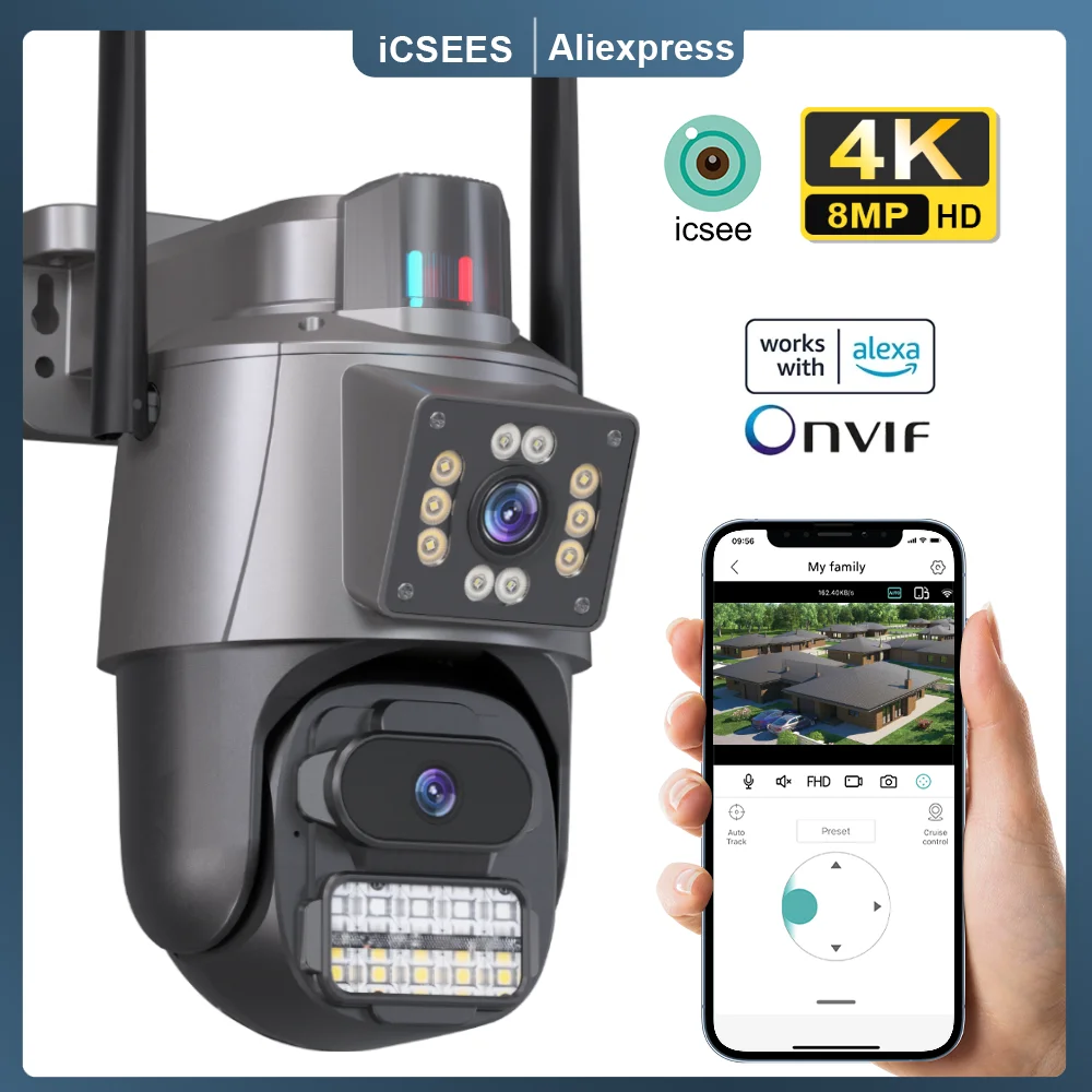 Cámara inalámbrica Wifi de doble lente PTZ de 8MP, 4K, cámara de vigilancia humana Ai para exteriores, detección de cámara IP de seguridad, seguimiento automático, aplicación iCSee