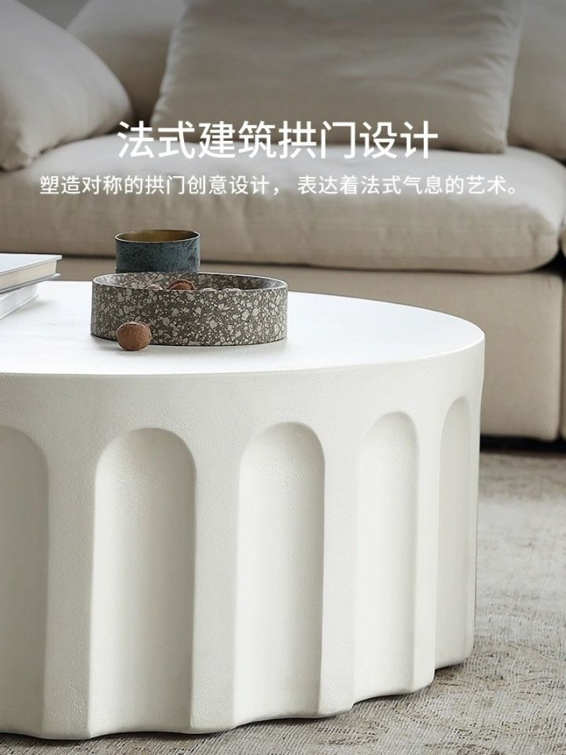 Mesa de chá redonda estilo creme nórdico, madeira sólida, luz, luxo, simples, quarto, sala de estar, malha branca, mesa de centro preta