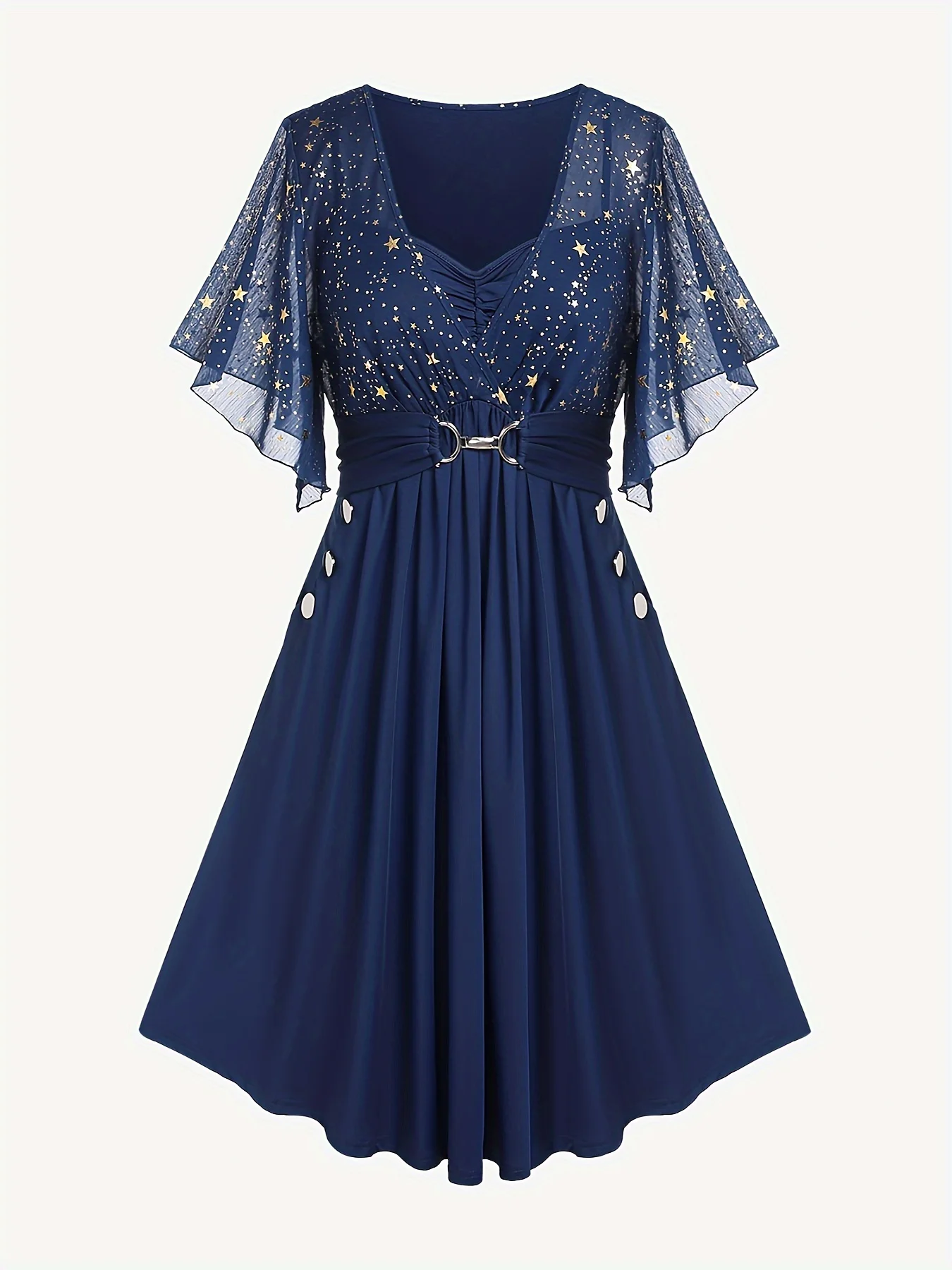 Mode Damen Plus Size Explosionen Sterndruck Knopftasche Falten Schmetterlingsärmel elegantes Temperamentkleid