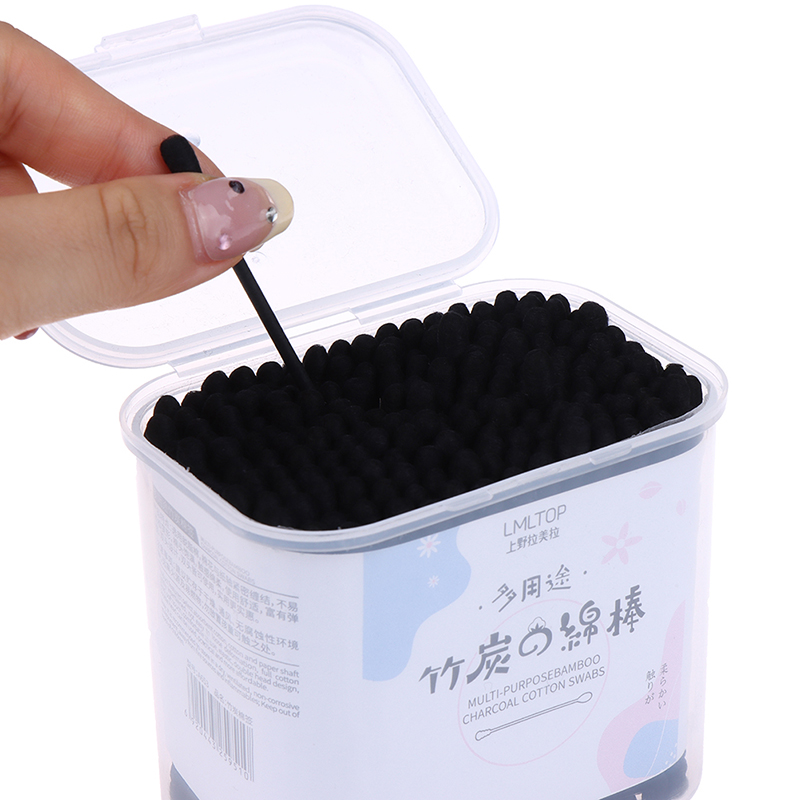 200pcs Disposable Cotton Swab Spiral Ear Cleaner Black Double Heads Makeup