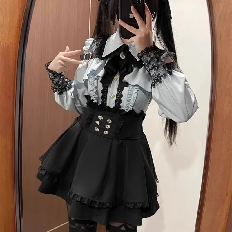 Jirai kei Shirt JK Skirt Lolita Y2K Sweet Japanese Style School Uniform Blouse Top Dress Darkness Outfit Women Girls Theme Party