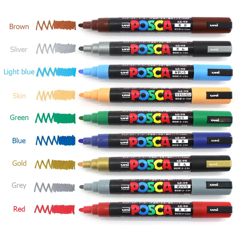 Uni Posca Marker ปากกา, สีอะคริลิคสีอะคริลิคปากกา Marcadores PC-1M 3M 5M สีอุปกรณ์ศิลปะเครื่องเขียนภาพวาด Graffiti