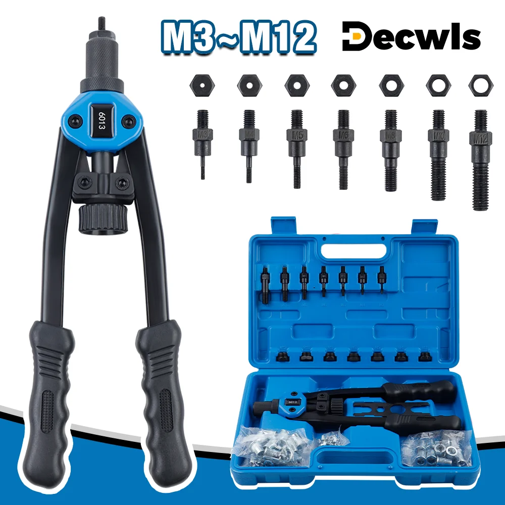 Pistola de rebite manual para porcas M3 M4 M5 M6 M8 M10 M12 Rebitador profissional doméstico, ferramenta de rebitagem rápida para porcas de inserção, com 110 peças de porcas de rebite, mala de plástico