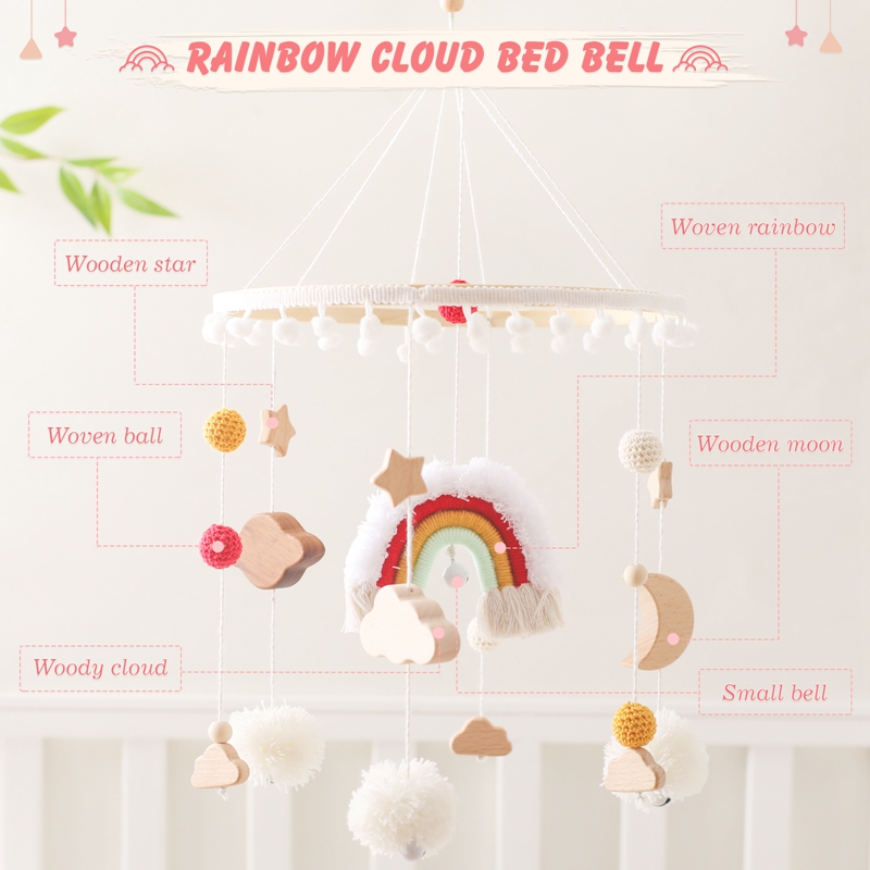 Cloche de lit mobile CPull en bois pour bébé, jouets hochet, feutre doux, nuages arc-en-ciel, clochette de lit, mobile CPull, cadeau pour bébé, 0-12 mois