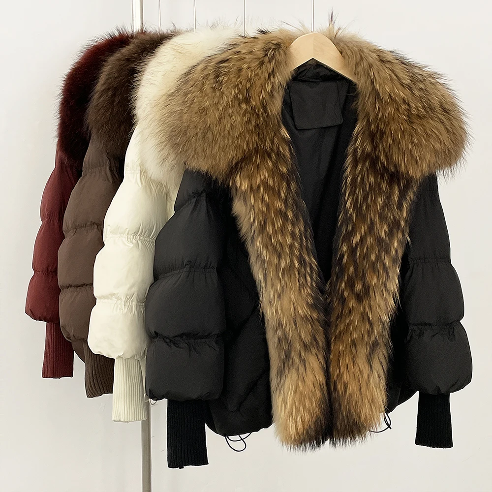 OFTBUY Große Echt Waschbären Pelz Winter Stricken Ärmel Echt Pelzmantel Puffer Jacke Frauen Weiße Ente Unten Mantel Übergroßen Feder