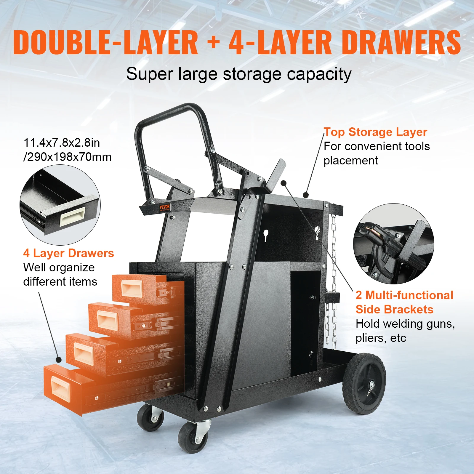 VEVOR Welding Cart 2-Tier 4 Drawers Welder Cart with 360° Swivel Wheels Heavy Duty Rolling MIG Welder Cart for Mig Plasma Cutter