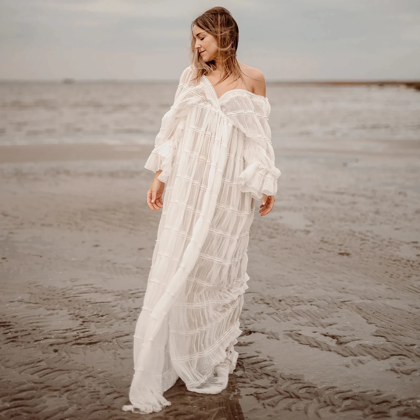 Boho 스타일 플리츠 출산 사진 촬영 드레스 오픈 프론트 보헤미안 롱 드레스 임신 사진 촬영
