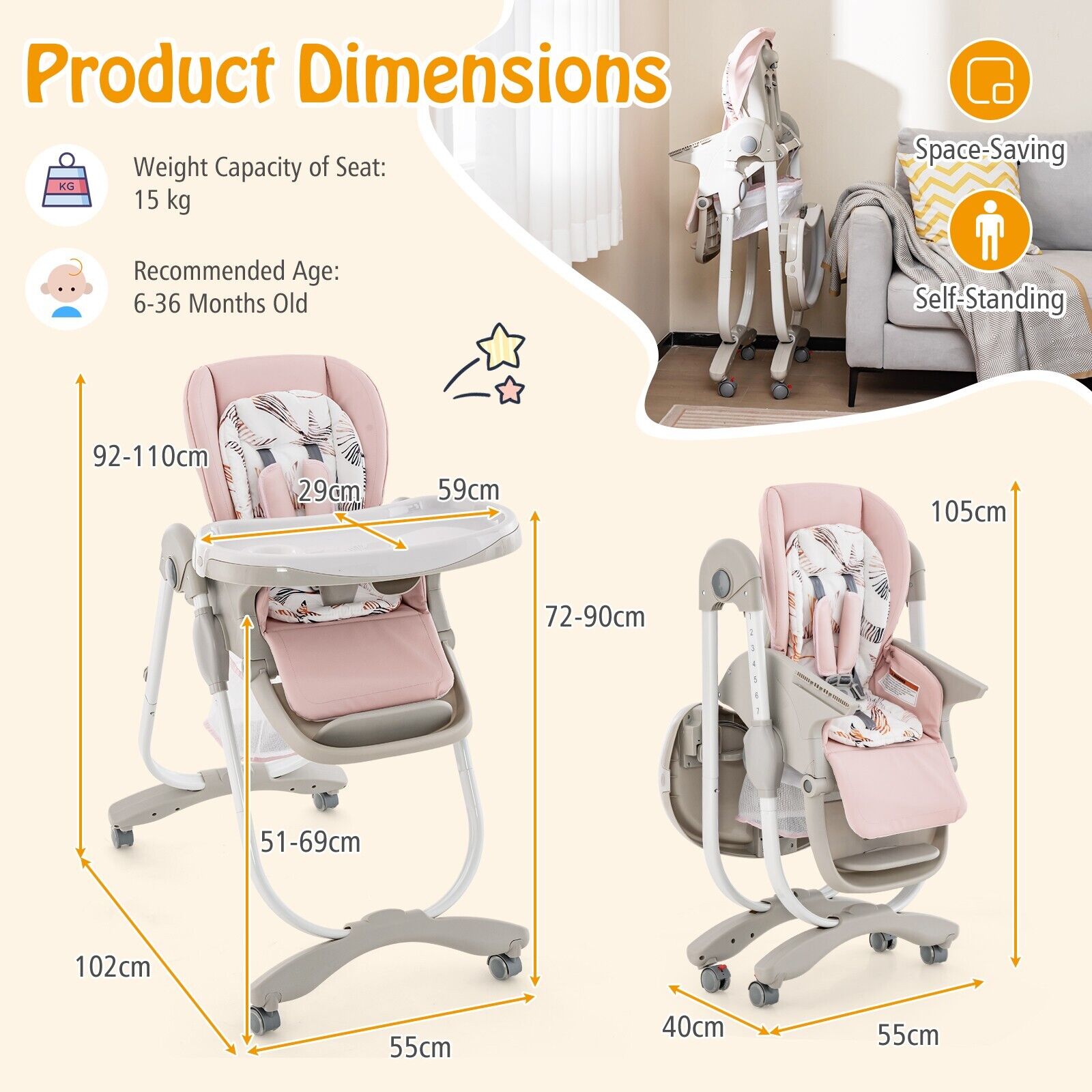 GOFLAME Folding Baby High Chair Adjustable Convertible High Chair W/ Removable Meal Tray