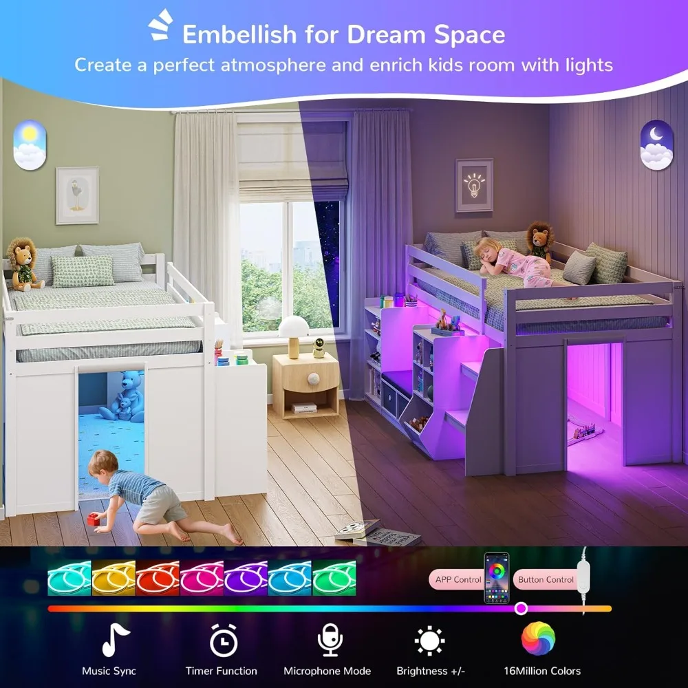 Low Loft Bed Twin Size with LED Lights, Wooden Kids Twin Loft Bed with Storage Bookcase, Toy Box, Reading Nook and Secret Play
