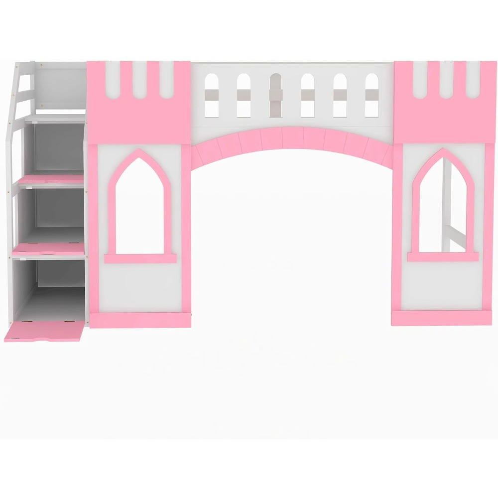 Harper & Bright Designs Twin Size Loft Bed with Storage Staircase and Window, Wood Playhouse Bed Frame with Storage for Boys, Gi