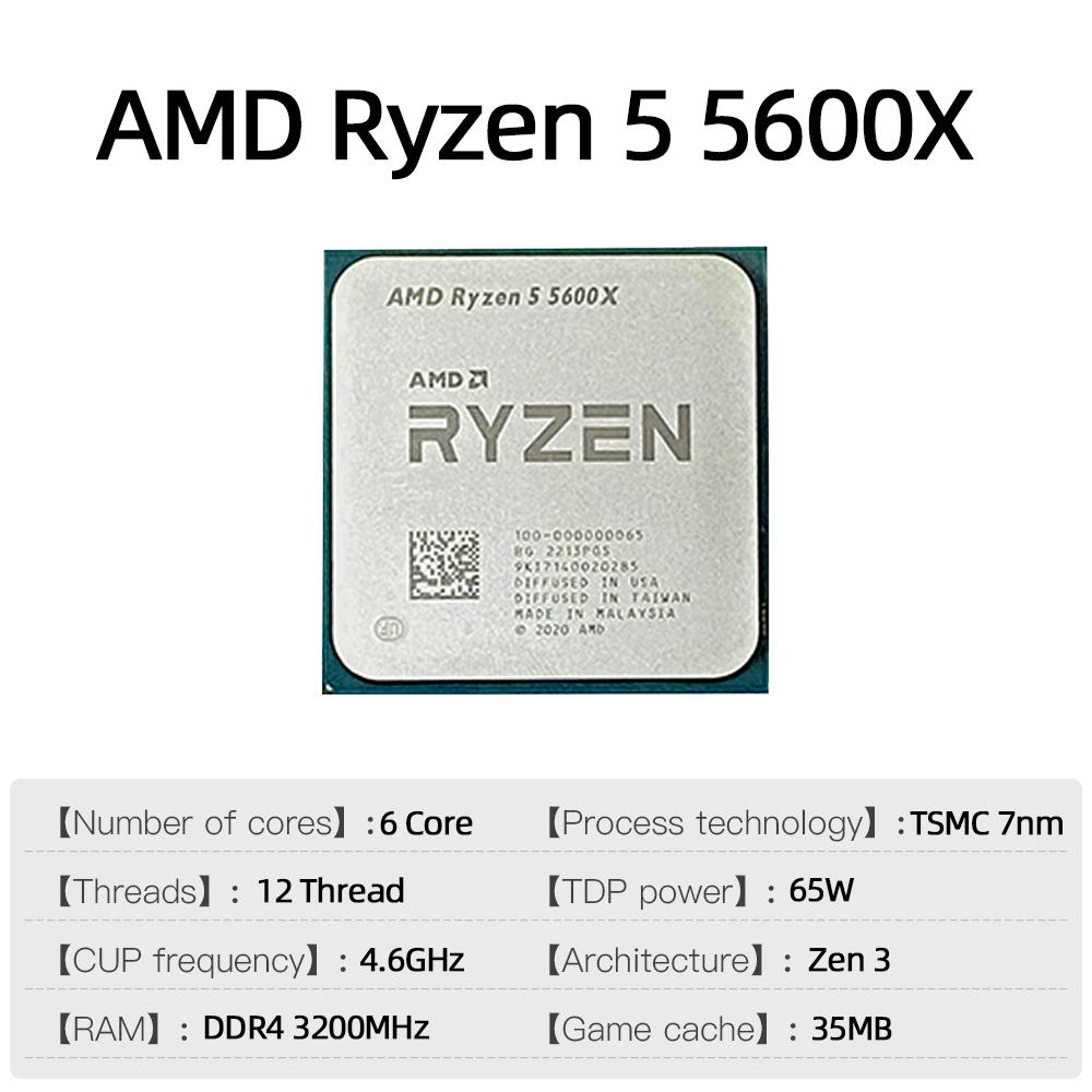 CPU AMD Ryzen 5 para PC Gamer, Processador 5 5600X, 4,6 GHz, 6 núcleos, 12 thread, 35MB, cache de jogos, 7NM, TDP, soquete 65W, Desktop AM4