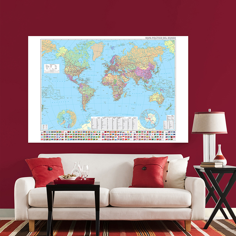 Mappa del mondo in lingua spagnola da 150 * 100 cm con bandiere nazionali, città importanti Poster da parete Pittura su tela Decor Materiale scolastico
