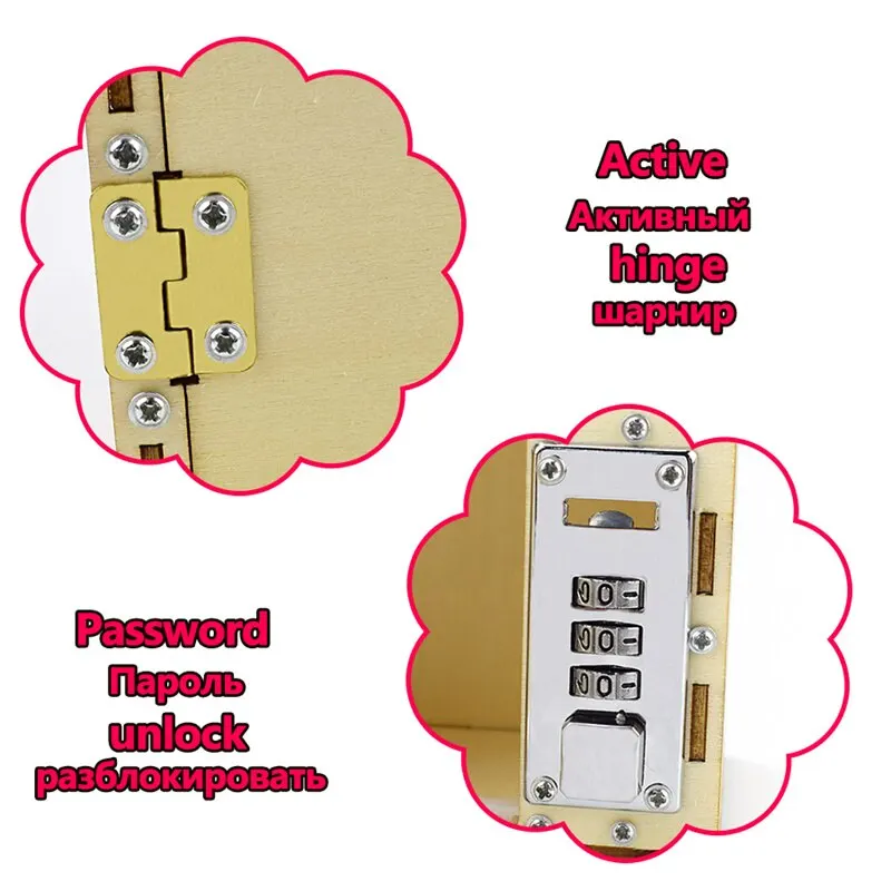 Diy lockbox cofre máquinas invenção experimento científico caixa de senha de madeira brinquedos para criança modelo de montagem fazer