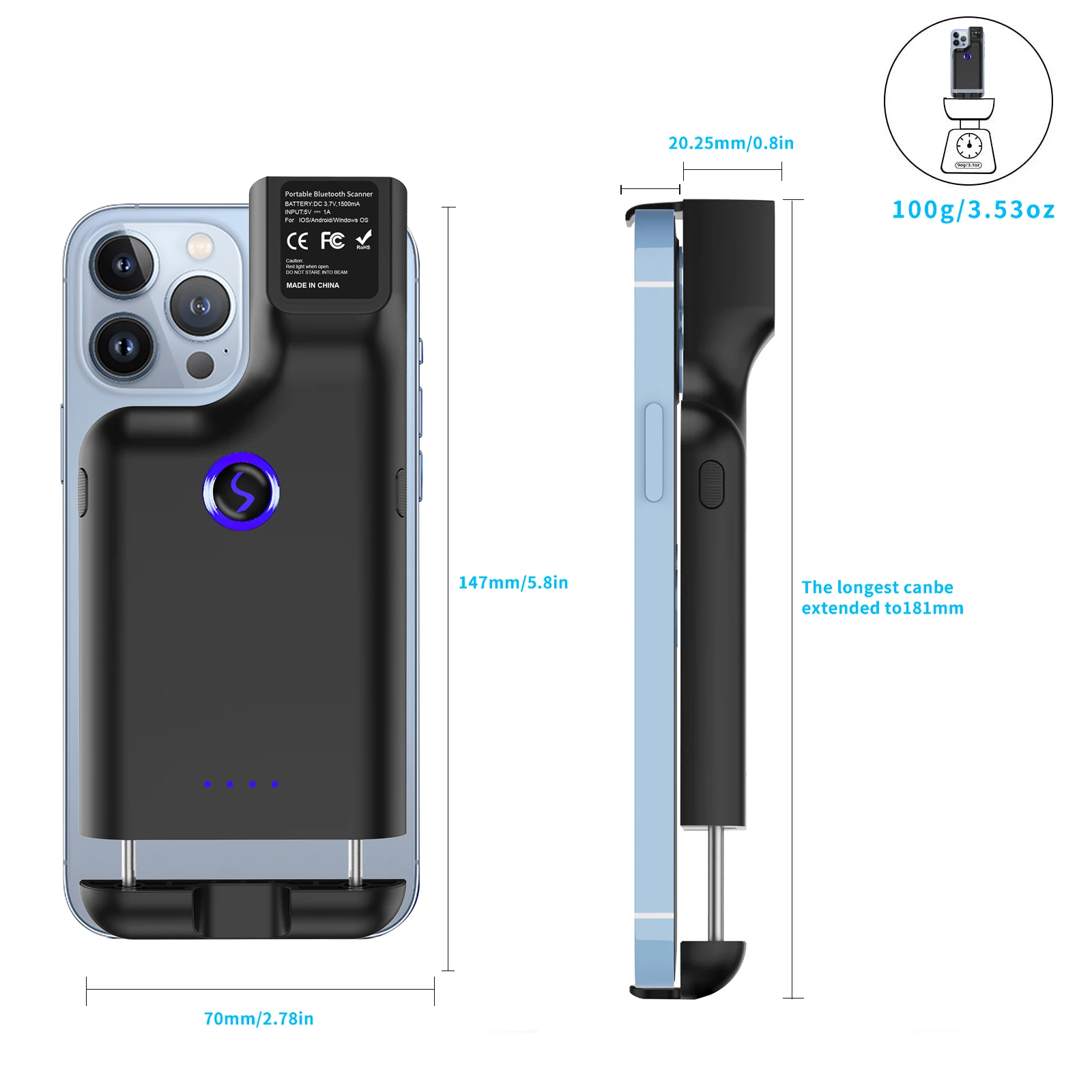 JEESTON BX75 Scanner de codes-barres sans fil 2D portable Scanner de compagnon mobile à clipser pour smartphones