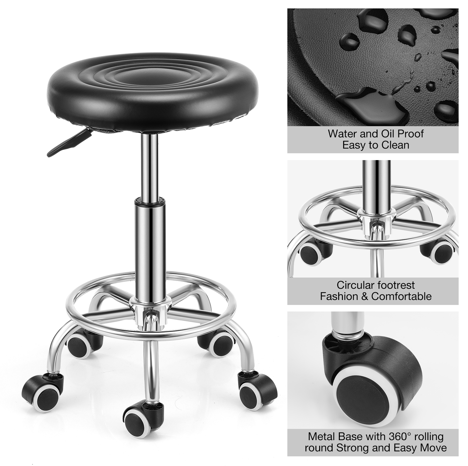 Round Bar Stool PU Leather with Footrest Height Adjustable Swivel Pub Chair Home Kitchen Bar stools Backless Stool (Black)