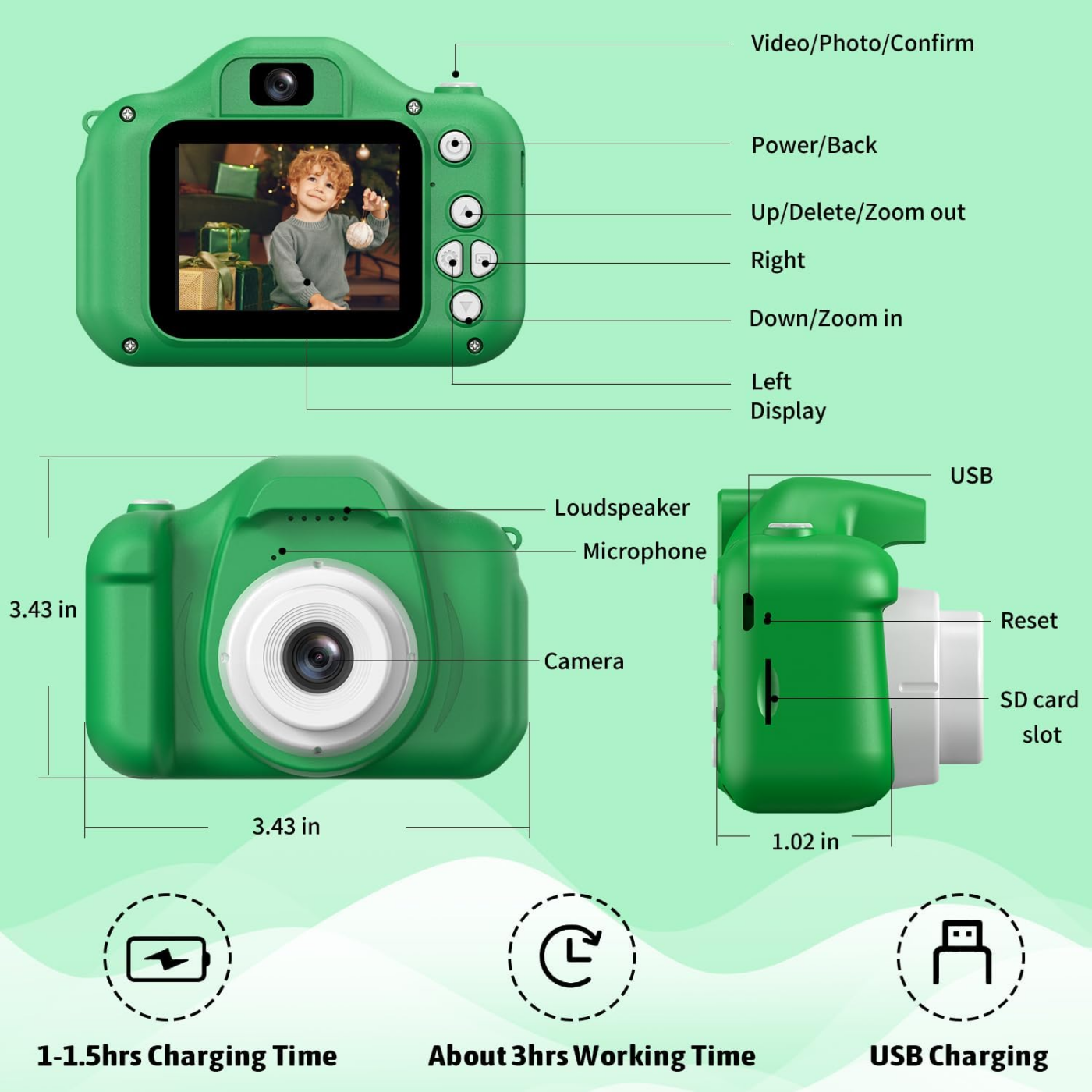 Câmeras infantis INOCTI, série de dinossauros, câmera infantil, câmera de vídeo digital para crianças pequenas, brinquedos para presentes de aniversário de Natal