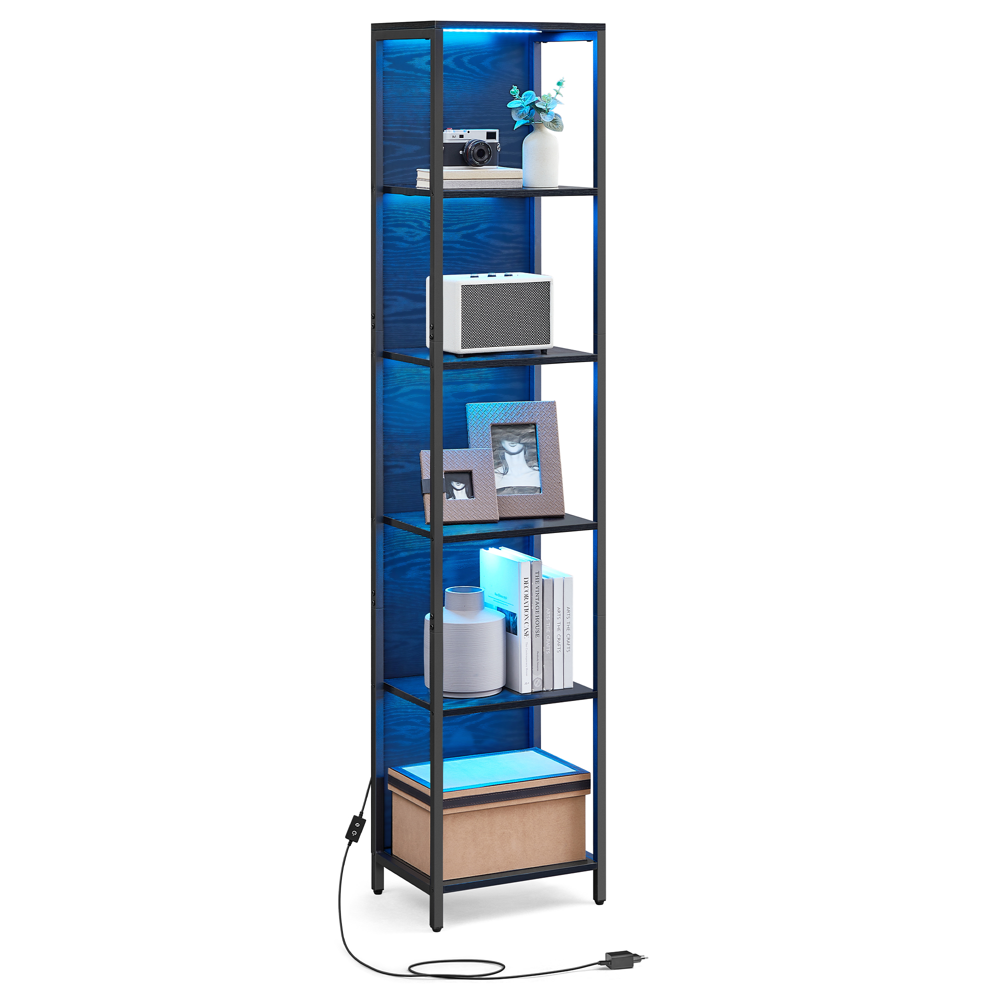 VASAGLE Bücherregal mit 6 Ebenen, Standregal mit Einstellbarer LED-Beleuchtung, Regal mit Stahlrahmen, 30,3 x 40 x 178,6 cm