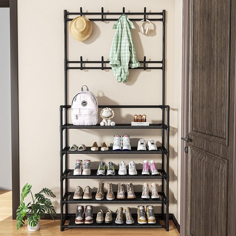 Grande multi-camada sapato rack com ganchos de chão entrada sala de estar organizador de armazenamento cabide prateleira rack de roupas