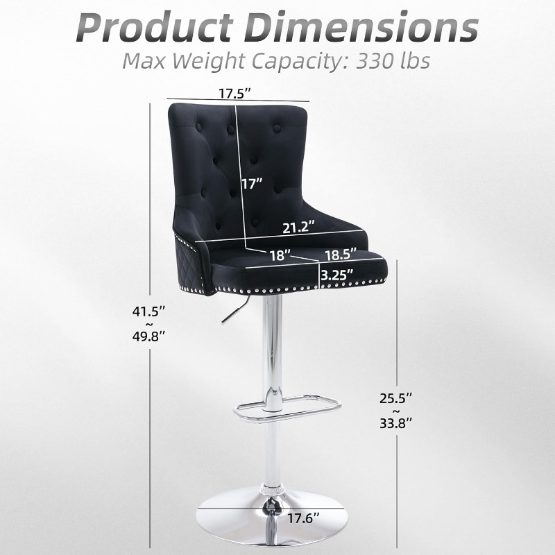 Velvet Bar Stool Set of 4 Lion Pull Ring Swivel Chair for Kitchen Counter Nailhead Upholstered, Height Adjustable Barstools