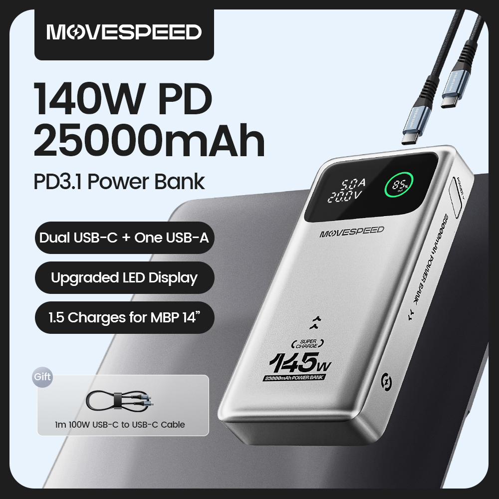 MOVESPEED M25 100 Вт Power Bank 25000 мАч Тип C Портативное зарядное устройство с быстрой зарядкой Аккумулятор 145 Вт Макс. Powerbank для iPhone MacBook Ноутбук