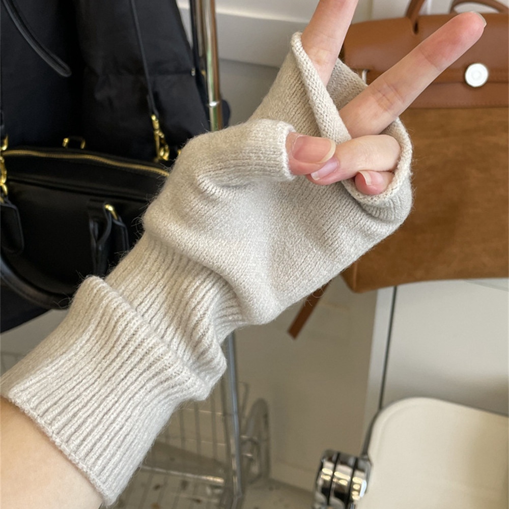 Unisex Long Half Finger Gloves Women's Unisex Winter Fingerless Mittens Solid Colour Goth Wool Hand Mittens Cosplay Accessories